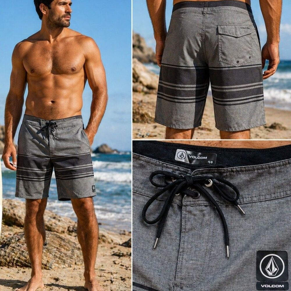Volcom Resort Boardshorts 40 Swim Black Gray Stripe Stretch Surf Hybrid Shorts